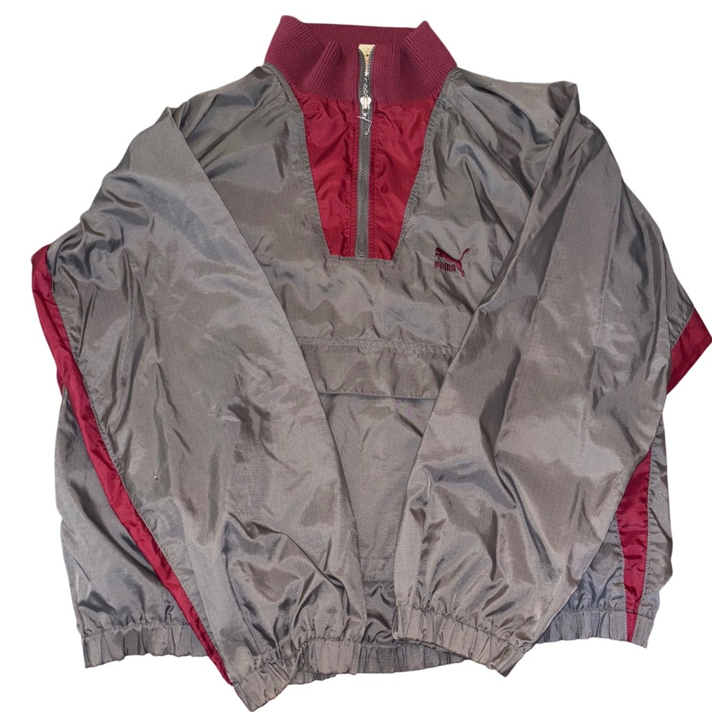 Vintage Puma Windbreaker | Men's Large‎ | Jacket Gray Burgundy 1/4 Zip Pullover